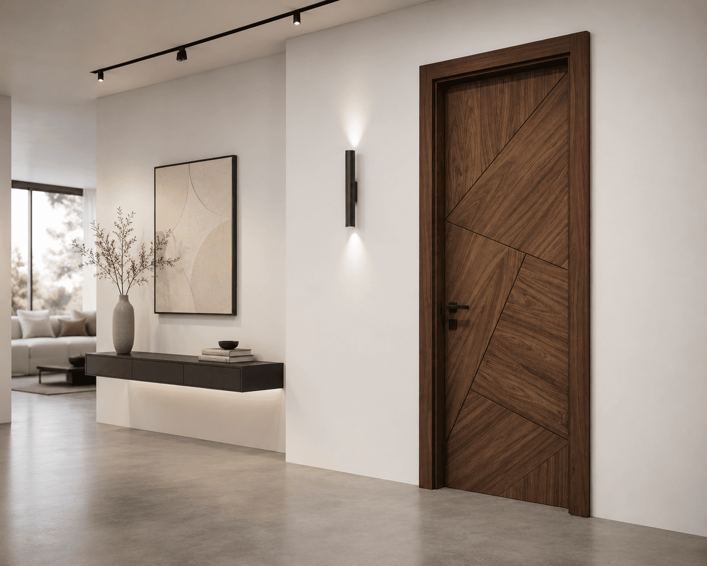 Bespoke walnut interior door in a contemporary hallway